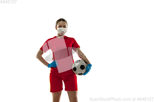 Image of Sportswoman in protective mask, coronavirus treatment illustration concept