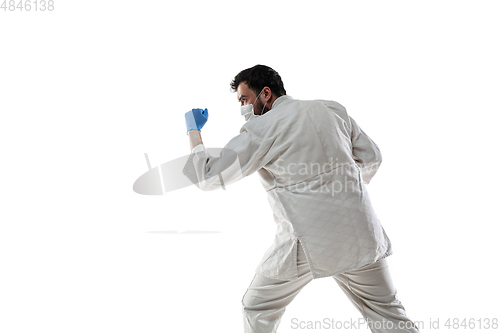 Image of Sportsman in protective mask, coronavirus treatment illustration concept