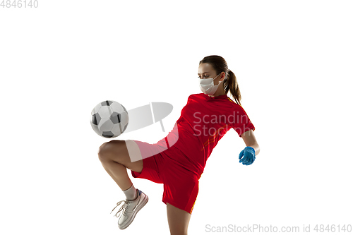 Image of Sportswoman in protective mask, coronavirus treatment illustration concept