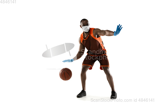 Image of Sportsman in protective mask, coronavirus treatment illustration concept