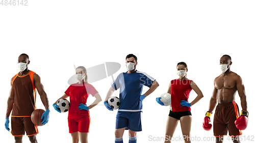 Image of Sportsmen in protective masks, coronavirus treatment illustration concept