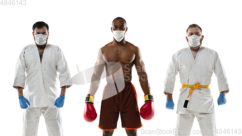 Image of Sportsmen in protective masks, coronavirus illustration concept