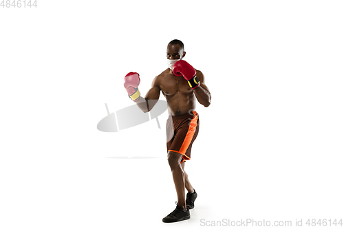 Image of Sportsman in protective mask, coronavirus treatment illustration concept