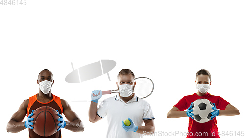 Image of Sportsmen in protective masks, coronavirus treatment illustration concept