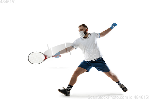 Image of Sportsman in protective mask, coronavirus treatment illustration concept