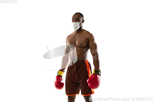 Image of Sportsman in protective mask, coronavirus treatment illustration concept