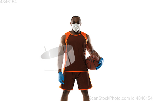 Image of Sportsman in protective mask, coronavirus treatment illustration concept