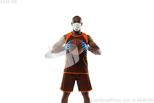 Image of Sportsman in protective mask, coronavirus treatment illustration concept