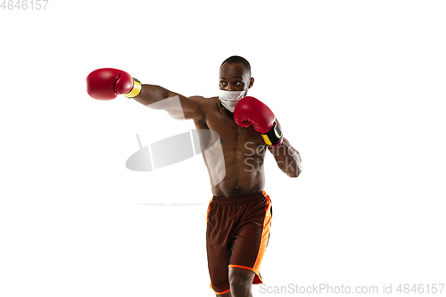 Image of Sportsman in protective mask, coronavirus treatment illustration concept