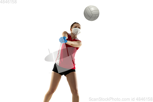 Image of Sportswoman in protective mask, coronavirus treatment illustration concept