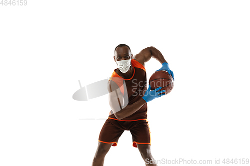 Image of Sportsman in protective mask, coronavirus treatment illustration concept