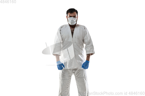 Image of Sportsman in protective mask, coronavirus treatment illustration concept