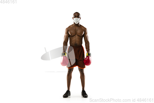 Image of Sportsman in protective mask, coronavirus treatment illustration concept