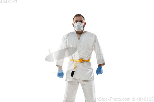 Image of Sportsman in protective mask, coronavirus treatment illustration concept