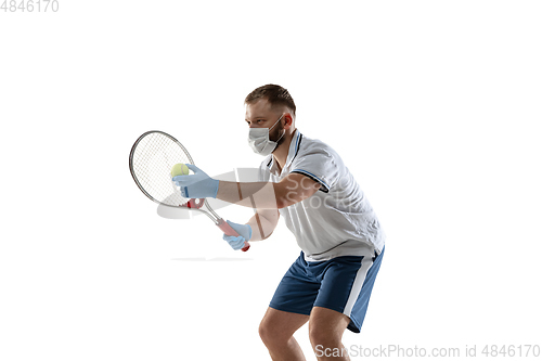 Image of Sportsman in protective mask, coronavirus treatment illustration concept