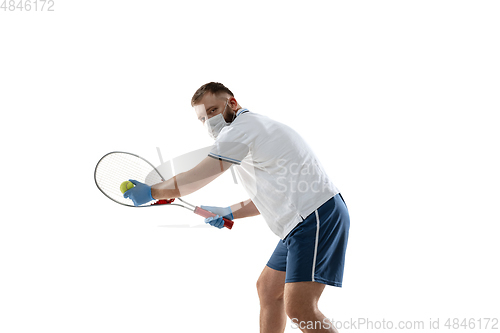 Image of Sportsman in protective mask, coronavirus treatment illustration concept