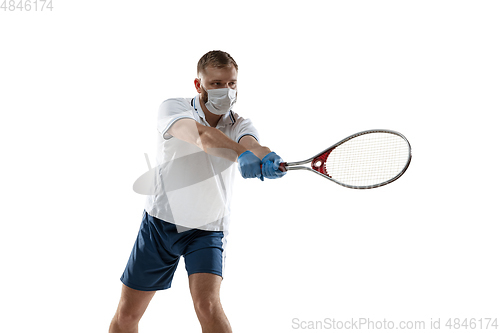 Image of Sportsman in protective mask, coronavirus treatment illustration concept