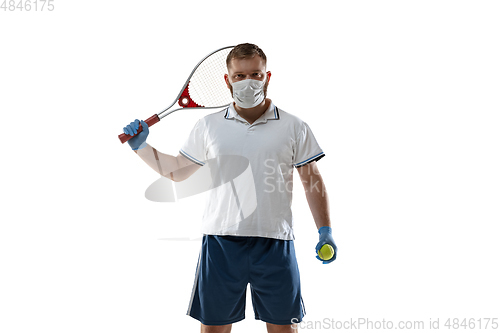 Image of Sportsman in protective mask, coronavirus treatment illustration concept