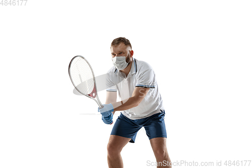 Image of Sportsman in protective mask, coronavirus treatment illustration concept