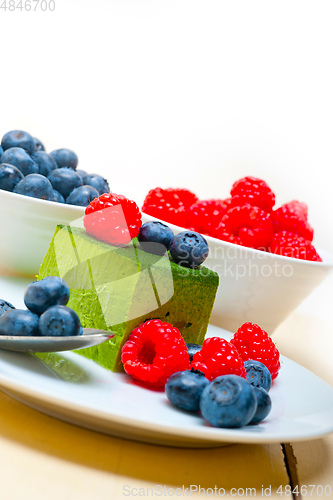 Image of green tea matcha mousse cake with berries