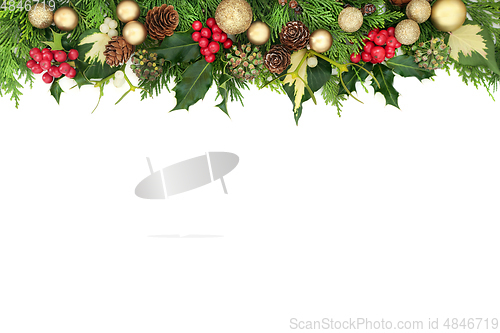 Image of Christmas Background Border with Gold Baubles and Flora