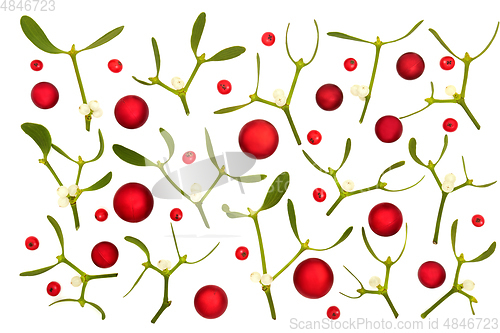 Image of Christmas Mistletoe Holly Berries and Red Baubles