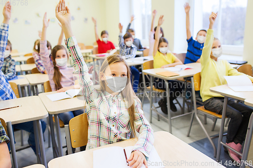 Image of group of students in masks raising hands at school