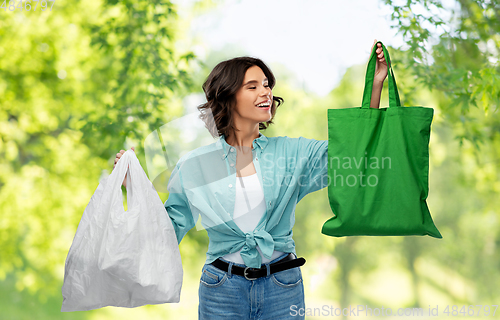 Image of woman with plastic and reusable shopping bag