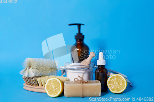 Image of lemons, soap, washing soda, vinegar and brushes