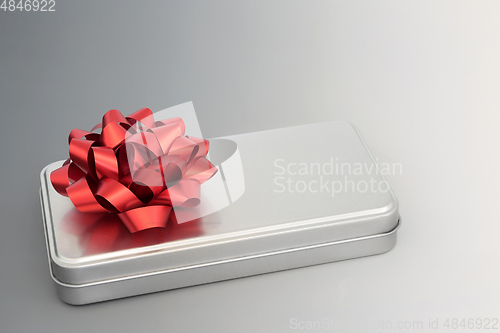 Image of Silver Grey Brushed Metal Gift Box and Red Bow