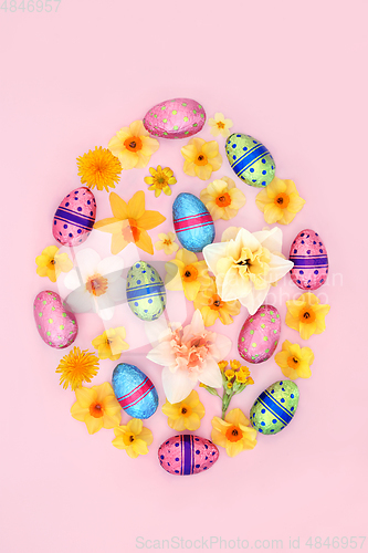 Image of Easter Egg Shape with Chocolate Eggs and Flowers