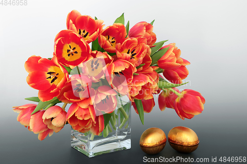 Image of Gold  Easter Eggs with Spring Tulips Composition