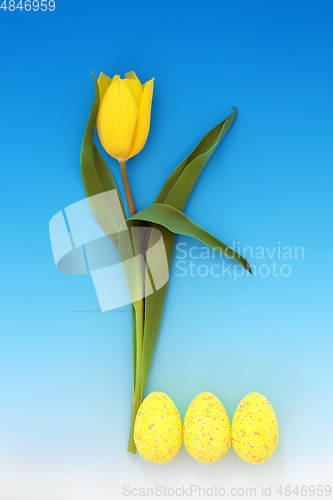 Image of Abstract Yellow Tulip Flower with Easter Eggs