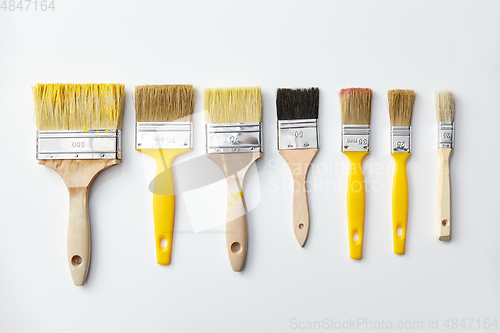Image of different size paint brushes on white background
