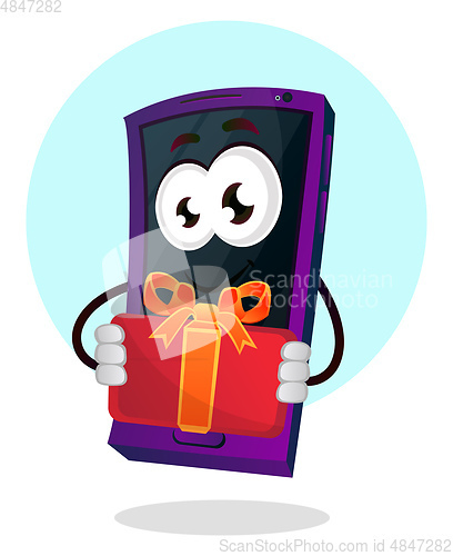Image of Mobile emoji with a present illustration vector on white backgro