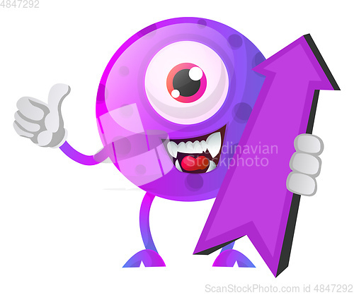 Image of Purple monster with direction sign illustration vector on white 