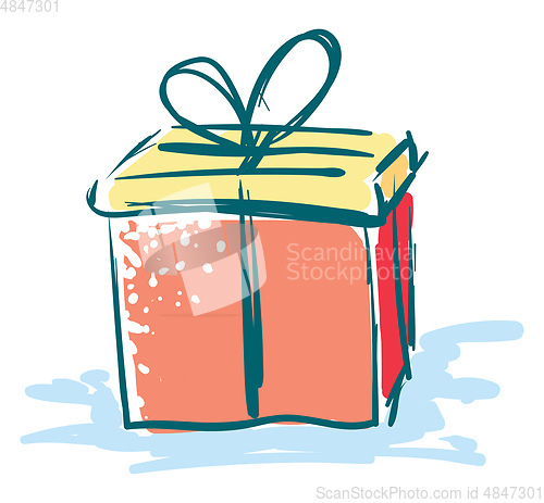 Image of Painting of a colorful present box tied with a blue ribbon and t