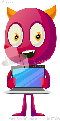 Image of Devil with laptop, illustration, vector on white background.