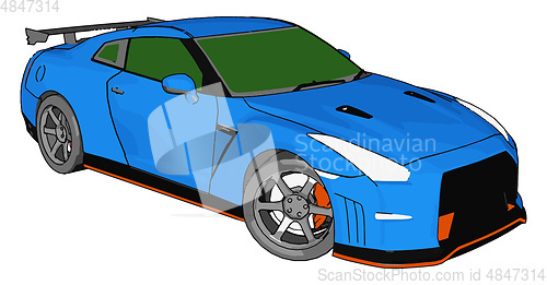 Image of Blue race car with green windows and orange detailes and grey re