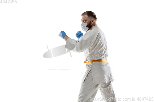 Image of Sportsman in protective mask, coronavirus treatment illustration concept