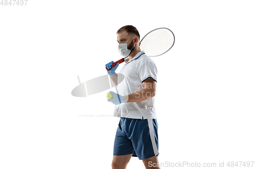 Image of Sportsman in protective mask, coronavirus treatment illustration concept