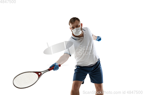 Image of Sportsman in protective mask, coronavirus treatment illustration concept