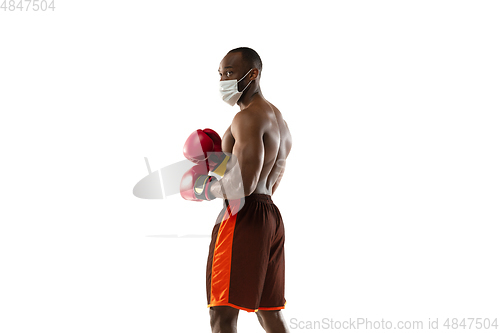 Image of Sportsman in protective mask, coronavirus treatment illustration concept