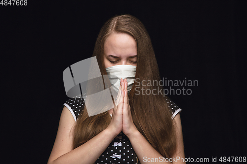 Image of Woman in protective mask, coronavirus prevention, protection concept