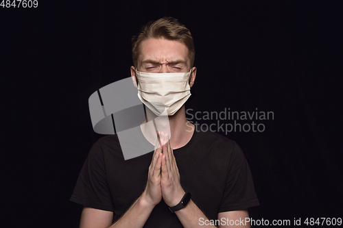 Image of Man in protective mask, coronavirus prevention, protection concept