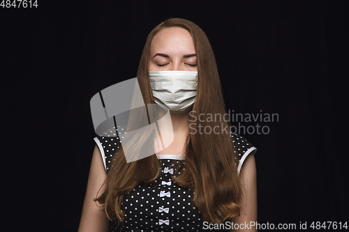 Image of Woman in protective mask, coronavirus prevention, protection concept