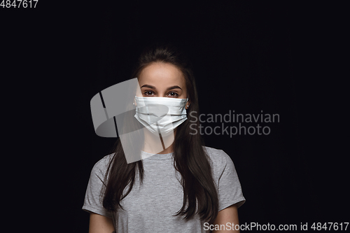 Image of Woman in protective mask, coronavirus prevention, protection concept