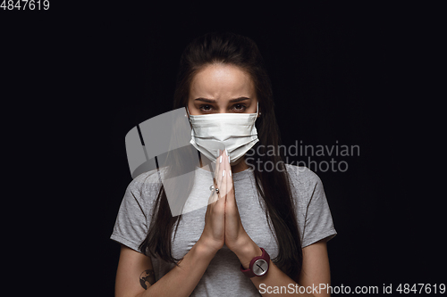 Image of Woman in protective mask, coronavirus prevention, protection concept