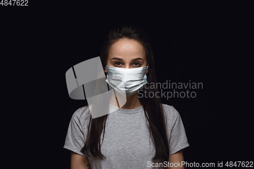 Image of Woman in protective mask, coronavirus prevention, protection concept