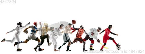 Image of Young and emotional sportsmen running and jumping on white background, flyer with copyspace